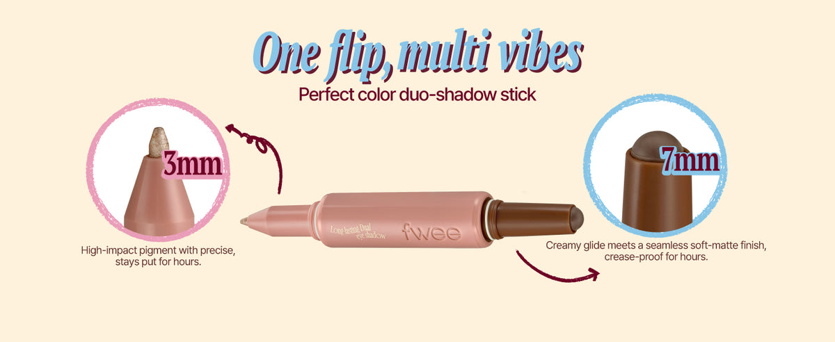 Advertisement for a makeup product with text 'One flip, multi vibes' and 'Perfect color duo-shadow stick'.