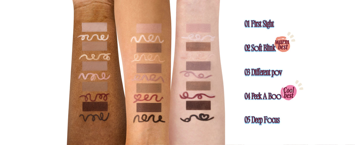 Three makeup swatches on beige backgrounds with brand name and color names.