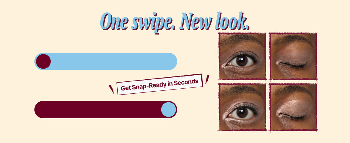 Advertisement for a makeup product with text 'One swipe. New look.' and images of eyes.